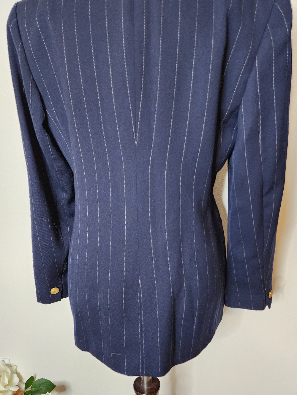 Jones New York Blazer Dsrk Blue Pinstripe Tailored Tuxedo Military Jacket Office - Picture 6 of 16